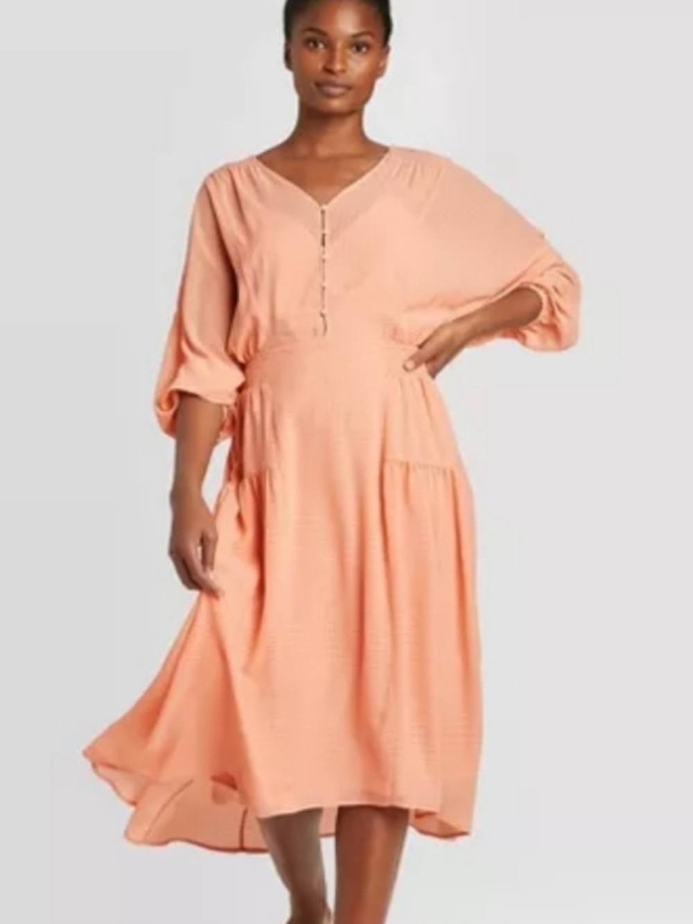 Prologue Peach Button-Front V-Neck Midi Dress